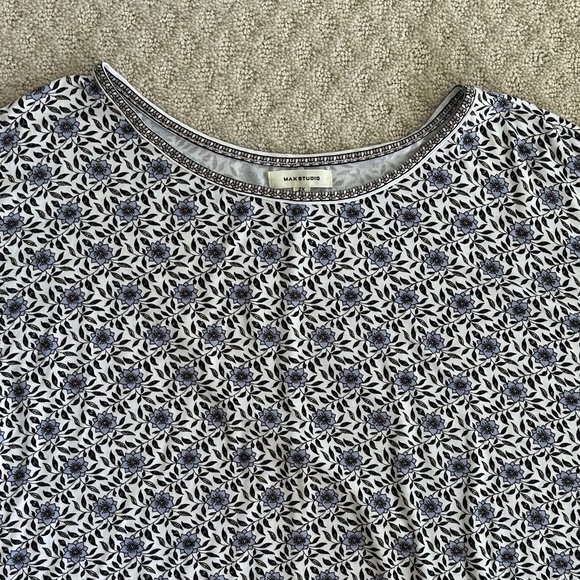 Max Studio Floral Print Ruffle Sleeve Top/Blouse White/Blue 2X Casual Feminine - Picture 2 of 13